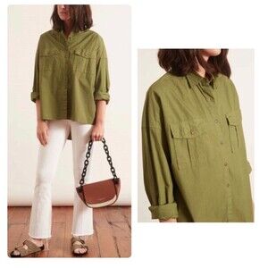 Olive Green Button Up Cotton Shirt Elevated Minimalism Neutral Layer Sz 4